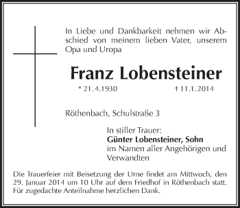 Traueranzeige von Franz Lobensteiner von Pegnitz-Zeitung